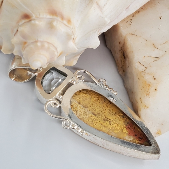 Natural Coral Fossil/Topaz Stone Silver Pendant - Picture 2 of 4